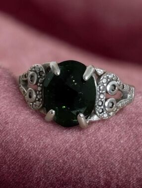 Sterling Silver Dark Green Opal Ring Adjustable Size 6.5 | Vintage Style Sparkle
